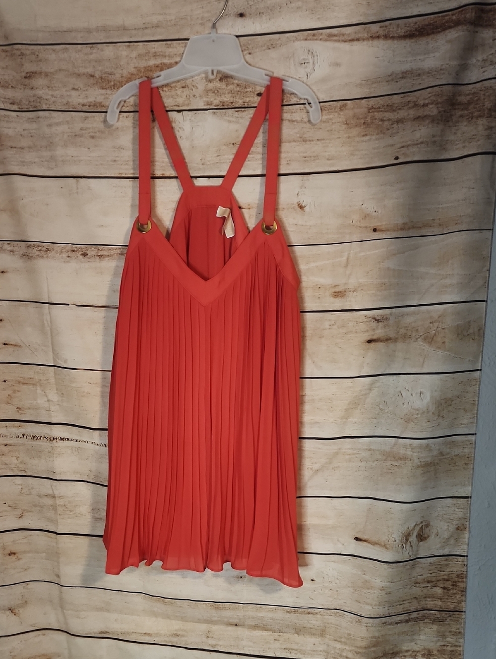 Michael Kors Coral Red Pleated Blouse with Gold Hardware